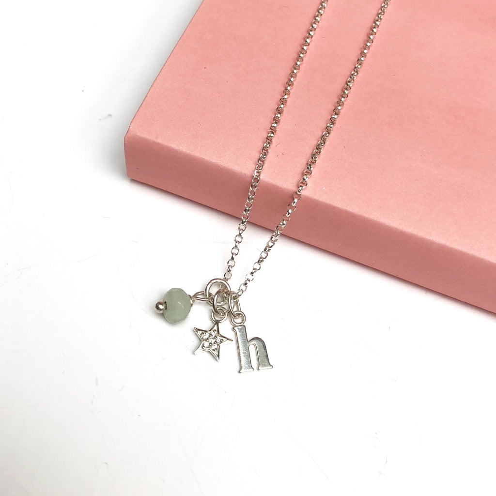 Girls Necklace with Initial, Birthstone and Sparkle Star or Heart charm - harryrockslondon