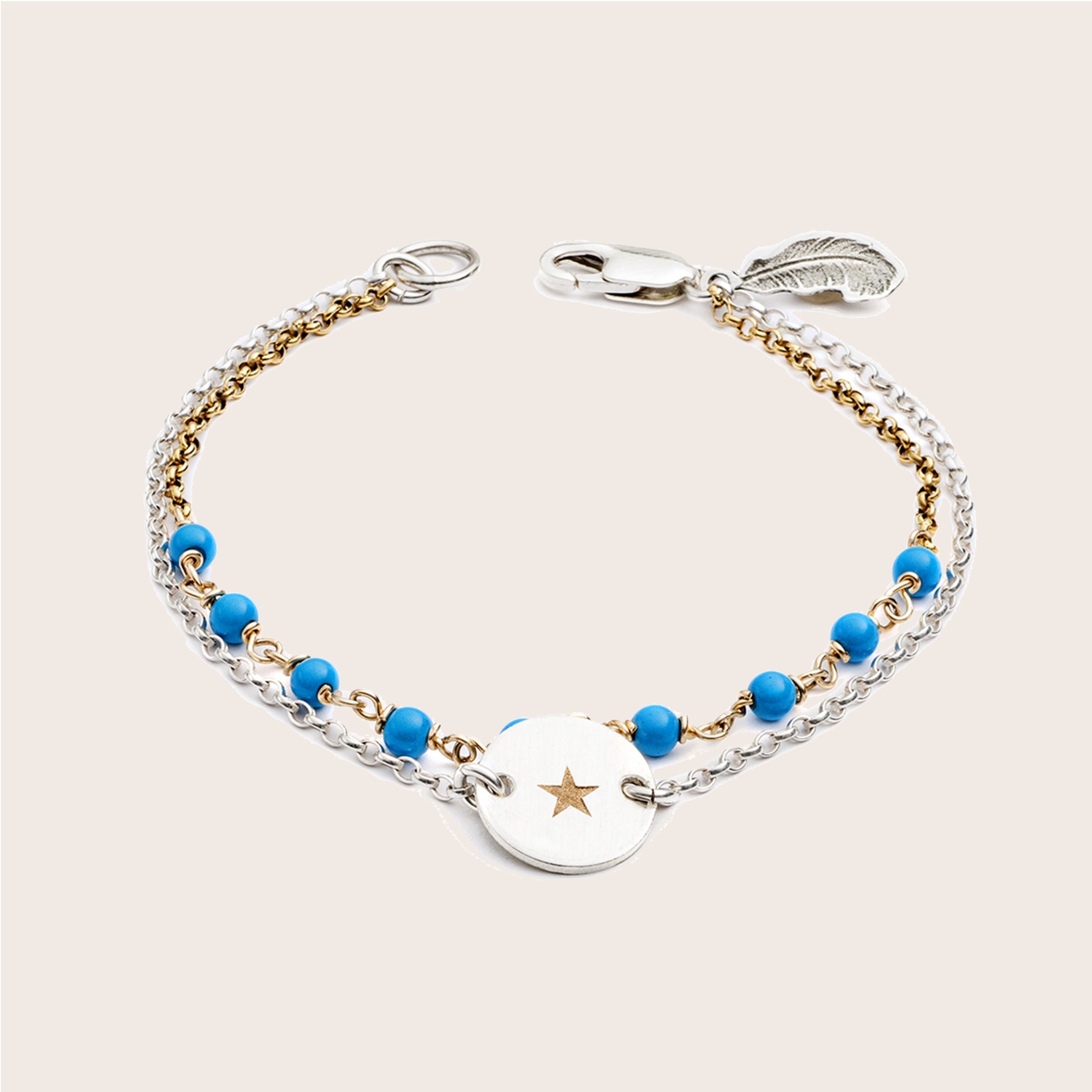 Engraved Star and Wish bracelet with Gold Silver Turquoise - harryrockslondon